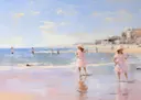 Impressionistisch schilderij van meisjes in roze jurken op het strand