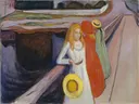 Meisjes op de brug van Edvard Munch: figuren met vrouwen, brug, boot en zomer, in wit, rood en geel