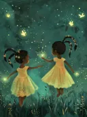 Twee meisjes die naar lichtgevende vonken reiken in een nachtelijk bos