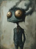 Surrealistisch wezen met groot vierkant hoofd, gouden ogen en pak, met rook boven het hoofd