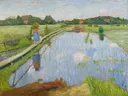 Melkersteg Fischerhude van Otto Modersohn: landschap met vlonder, water, weiden en huisjes, in fris groen en blauw