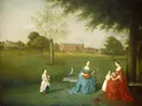 Members of the Maynard Family in the Park at Waltons van Arthur Devis: figuren met park, familie, muziek en gazon, in fris groen en blauw