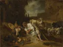 Mercurius en Argus van Carel Fabritius: figuren met herders, geiten, schapen en slapen, in donker bruin
