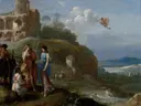 Mercurius en Herse van Cornelius van Poelenburgh: landschap met ruine, figuren, heuvel en rivier, in warm bruin met blauw