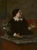 Mère Grégoire van Gustave Courbet: portret met vrouw, toonbank, bloemen en zwarte jurk, in donkerbruin en rood