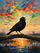 Merel zingend in oranje, schilderij van merel zingend, met het paletmes geschilderd