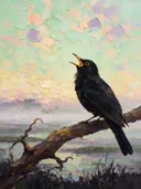 Merel zingend, schilderij van merel zingend, met het paletmes geschilderd