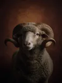 Studioportret van Merino van voren, tegen een geschilderd doek in terracotta