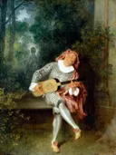 Mezzetin van Jean-Antoine Watteau: figuren met muziek, gitaar, tuin en kostuum, in zacht roze en groen