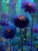 Schilderij van paarsblauwe dahlia's in een lichtgevend nachtelijk woud