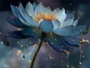 Schilderij van een donkerblauwe lotusbloem met gouden druppels bij nacht.