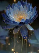 Schilderij van een blauwe lotusbloem die druipt van gouden nectar