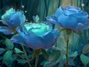 Schilderij van blauwe rozen in een donker woud met een vlinder