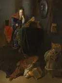Minerva van Atelier van Rembrandt: figuren met vrouw, boek, helm en harnas, in donker met warm goud
