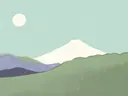 Minimalistische illustratie van een besneeuwde berg met een volle maan aan een groenige lucht.