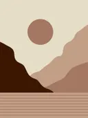 Minimalistische illustratie van bergsilhouetten en een ronde zon in warme aardetinten.