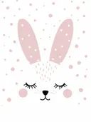 Minimalistische illustratie van een konijnengezicht met roze gestippelde oren