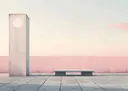 Minimalistische architectuurscène met klokpilaar en bankje