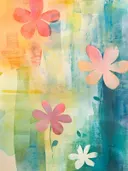 Minimalistisch aquarel met eenvoudige bloemvormen in koraal en wit op een geel-turquoise achtergrond