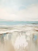 Minimalistisch landschap van een strand met zachte golven in zand- en blauwtinten.