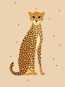 Vlakke illustratie van een gevlekte luipaard die zittend poseert tegen een beige achtergrond.