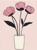 Minimalistisch schilderij van roze pioenrozen in een witte vaas