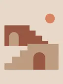 Illustratie van geometrische trappen en boogdeuren in terracottatinten.