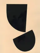 Minimalistisch schilderij met zwarte vormen op perzikkleurige achtergrond