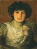 Miss Lillian Woakes van James McNeill Whistler: portret met vrouw, krullend haar, groene jurk en kant, in olijfgroen en huidroze