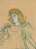 Miss may milton van Henri de Toulouse-Lautrec: portret met vrouw, blond haar, jurk en schets, in bleek beige en groen