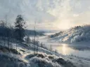 Landschapsschilderij, mist tussen de bomen in rijp en mist