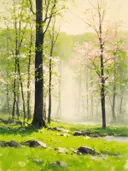 Landschapsschilderij, mist tussen de bomen in zacht licht