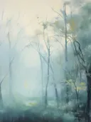 Mistig bos in zachte tinten, landschap schilderij