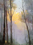 Mistig bospad in geel en grijs, landschap schilderij