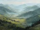 Landschapsschilderij van een bergdorp in een mistig dal
