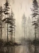 Landschap van een mistig dennenbos aan een stil meer in sepiatinten.