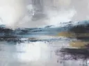 Abstract landschapsschilderij met heuvels en gouden gloed