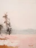 Geschilderd landschap van bomen bij een mistig meer in roze en grijstinten.