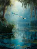 Schilderij van een mistig moerasbos met libellen boven het water