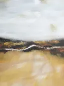 Abstract landschap schilderij met mistig veld en gouden horizon