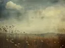 Wild bloemenveld met bewolkte lucht in sepia tinten