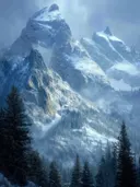 Schilderij van mistige, besneeuwde bergtoppen boven een dennenbos