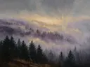 Mistige beboste heuvels, landschap schilderij