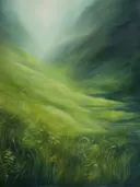 Mistig groen berglandschap met glooiende heuvels en verre bergen.