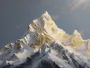 Schilderij van een mistige berg in grijs en goud