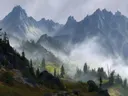 Schilderij van een mistige bergvallei met sparrenbos