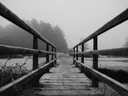 Zwart-wit foto van een houten brug in de mist.