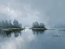 Schilderij van mistige eilandjes in stil water