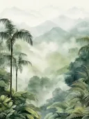 Mistig berglandschap met gelaagde jungle en palmsilhouetten op de voorgrond.