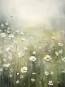 Schilderij van witte margrieten in een mistige weide.